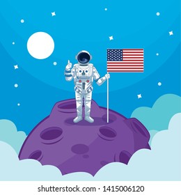 Astronaut with united states flag in the moon cartoon vector illustration graphic design