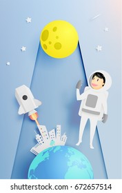 Astronaut with universe background in paper art style vector illustration