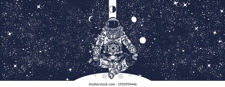 Astronaut in universe. Spaceman in a lotus pose. Humanity studies Mars planet. Symbol of study of galaxies, interstellar flights, search for inhabited worlds. Black and white surreal graphic 