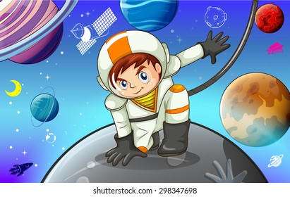 Astronaut in the universe stepping on a planet 