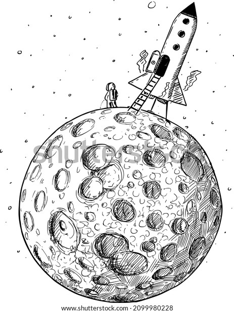 Astronaut urinating on planetary moon,\
space rocket landing to pilot take a pee. Fun and humor in hand\
drawing and\
illustration.