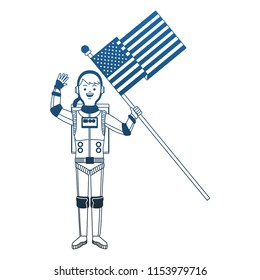 Astronaut with USA flag cartoon blue lines