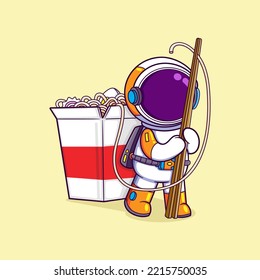 The astronaut is using a chopsticks to take a noodles in a cup of food of illustration