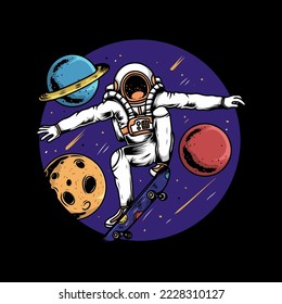 astronaut using skateboard moon illustration