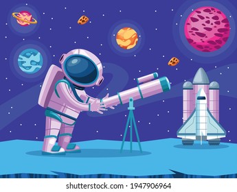 astronaut using telescope space scene