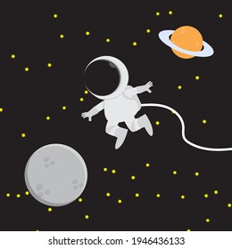 An Astronaut in vacuum space, go from his spaceship to repair satellite, with moon, planet, and stars as a background, best for background or decoration with space themes for kids