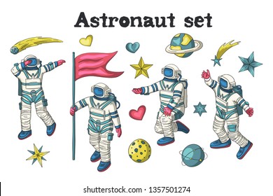 Astronaut in various poses. Other space vector set. Isolated spaceman icon collection. Clipart with cute cosmonaut characters, space explorer or pilot.