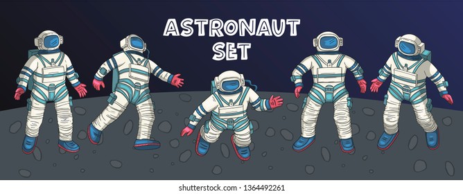 Astronaut in various poses. Other space vector set. Isolated spaceman icon collection. Clipart with cute cosmonaut characters, space explorer or pilot.