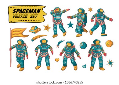 Astronaut in various poses. Other space vector set. Isolated spaceman icon collection. Clipart with cute cosmonaut characters, space explorer or pilot.