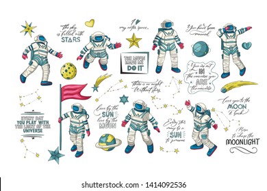 Astronaut in various poses. Other space vector set. Isolated spaceman icon collection with lettering quotes. Clipart with cute cosmonaut characters, space explorer or pilot.