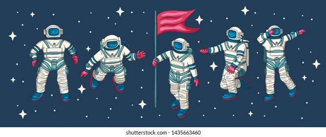 Astronaut in various poses. Other space vector set. Isolated spaceman icon collection. Clipart with cute cosmonaut characters, space explorer or pilot.
