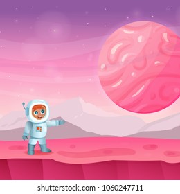 Astronaut vector character and background with mountains, planet, ground and stars. Layers are separated. Perfect for games, devoted to space and universe and other design works.