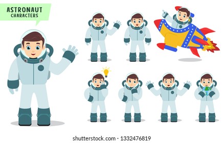 Astronaut vector character set. Astronaut kids talking and riding rocket with hand gestures and poses for science and astronomy presentation. Vector illustration.
