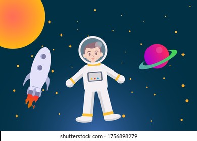 Astronaut vector concept: astronaut floating in space near rocket and the sun