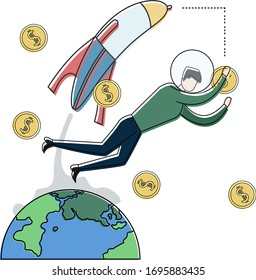 Astronaut vector concept with male figure wearing space helmet while collecting coins in space, isolated in white background with earth and rocket icons