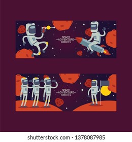 Astronaut vector cosmonaut cartoon spaceman character in space cosmos backdrop universe galaxy adventure man in helmet on rocket among planets spaceship illustration background set.