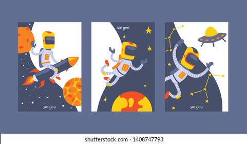 Astronaut vector cosmonaut spaceman character in space cosmos astronomy backdrop universe galaxy with rocket planets spaceship illustration background banner.