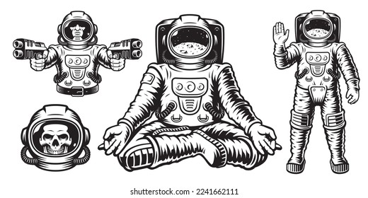 Astronaut vector graphics set with isolated elements on white background such as skeleton astronaut with guns, skull astronaut, lotus position astronaut 