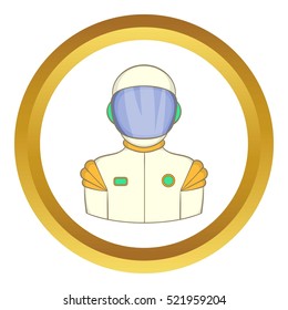 Astronaut vector icon in golden circle, cartoon style isolated on white background