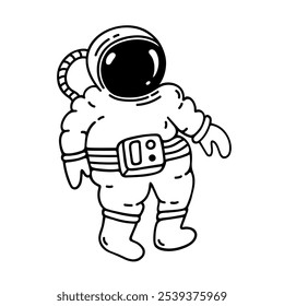 Astronaut vector icon. Hand drawn character in protective spacesuit with helmet. Cosmonaut in outer space. Simple black and white sketch, coloring for kid. Futuristic adventure, astronomy doodle