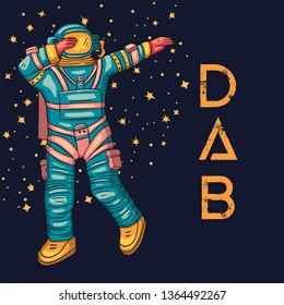 Astronaut, vector illustration. Cosmonaut card for print and web. Template with comic sign with a spaceman and constellations. Traveler in vacuum dancing dab dance.