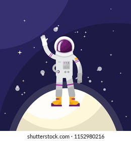 Astronaut vector illustration. Cosmonaut and people in outer space waving standing on planet or moon. Flight and exploration interstellar mission with helmet and suit. Space background with galaxy.