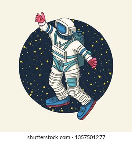 Astronaut, vector illustration. Cosmonaut round card for print and web. Template with comic sign with a spaceman and constellations. Traveler in vacuum.