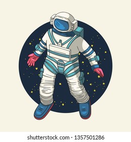 Astronaut, vector illustration. Cosmonaut round card for print and web. Template with comic sign with a spaceman and constellations. Traveler in vacuum.