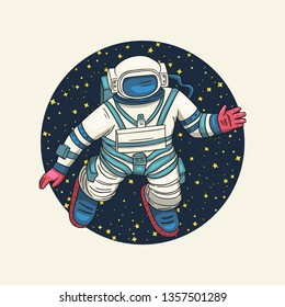 Astronaut, vector illustration. Cosmonaut round card for print and web. Template with comic sign with a spaceman and constellations. Traveler in vacuum.