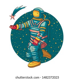 Astronaut, vector illustration. Cosmonaut round card for print and web. Template with comic sign with a spaceman and constellations. Traveler in vacuum with a falling star.