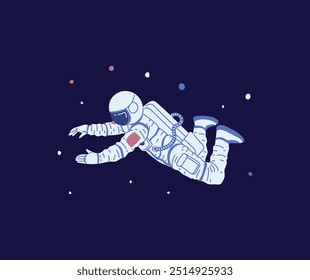 Astronaut. A vector illustration depicting a man in flight, dressed in a spacesuit and helmet.The stars create the backdrop for this adventure in the universe.