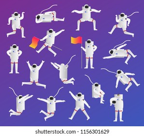 Astronaut vector illustration icon collection set. Isolated cosmos and space explorer and researcher in flying, standing or sleeping position with flag. Futuristic spacesuit with helmet. NASA employee