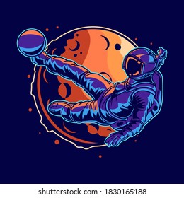 astronaut vector illustration kick ball football on space with moon