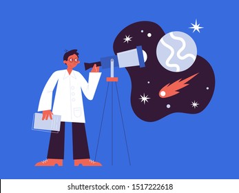 Astronaut vector illustration. Man character watching in telescope in the space. Flat design illustration. Planets and comets. 