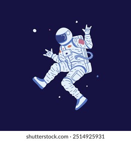 Astronaut. Vector illustration of a man in a spacesuit and helmet floating in space. In one hand, he shows a rock gesture against the background of stars