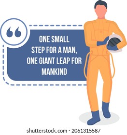 Astronaut vector quote box with flat character. Space exploration. Cosmonaut walking holding helmet. Speech bubble with cartoon illustration. Colourful quotation design on white background