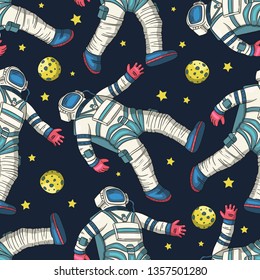 Astronaut vector seamless pattern. Cosmos cartoon illustrations. Spaceman flying in the other space. Universe galaxy background.