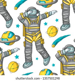 Astronaut vector seamless pattern. Cosmos cartoon illustrations. Spaceman flying in the other space. Universe galaxy man dancing Dab dance on a white background.