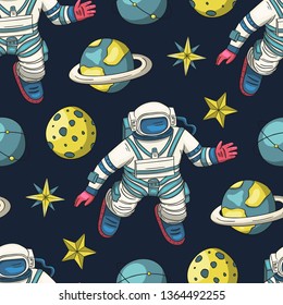 Astronaut vector seamless pattern. Cosmos cartoon illustrations. Spaceman flying in the other space. Universe galaxy cosmonaut background.