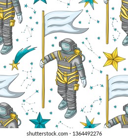 Astronaut vector seamless pattern. Cosmos cartoon illustrations. Spaceman flying in the other space with a flag. Universe galaxy background with falling stars.