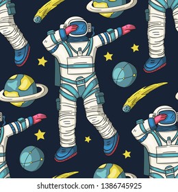 Astronaut vector seamless pattern. Cosmos cartoon illustrations. Spaceman flying in the other space. Universe galaxy man dancing Dab dance on a dark night background.