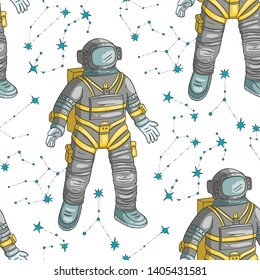 Astronaut vector seamless pattern. Cosmos cartoon illustrations. Spaceman flying in the other space. Universe galaxy background.