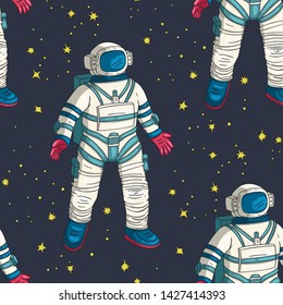 Astronaut vector seamless pattern. Cosmos cartoon illustrations. Spaceman flying in the other space. Universe galaxy cosmonaut background.