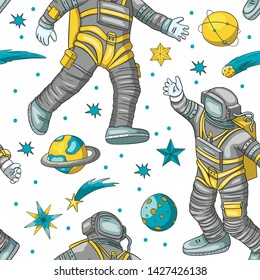 Astronaut vector seamless pattern. Cosmos cartoon illustrations. Spaceman flying in the other space. Universe galaxy background with saturn planet and falling stars.