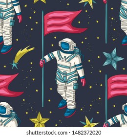 Astronaut vector seamless pattern. Cosmos cartoon illustrations. Spaceman flying in the other space with a flag. man with a flag in the Universe. Galaxy background.