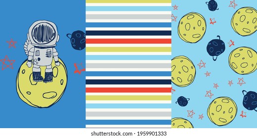 Astronaut vector seamless pattern set. Lovely Nursery Art for Card, Invitation, Wall Art, Baby boys Party. 
