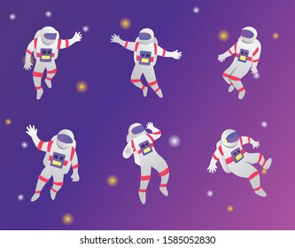 Astronaut vector set. Astronaut in various poses. Other space vector set. Isolated spaceman icon collection. Clipart with cute cosmonaut characters, spac