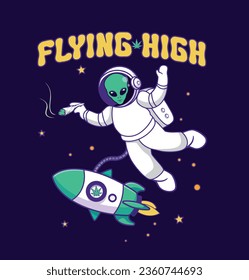 Astronaut vector smoking cannabis and riding rocket in space and waving hand. Cannabis cartoon vector illustration. Science tech of weed art. Alien drug, flying high