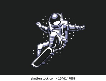 Astronaut-Vektorvorlage. Illustration des Astronauten Snowboardens im Weltraum.