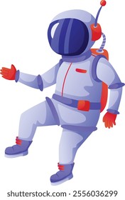 Astronaut in a vibrant spacesuit and helmet, complete with an antenna, is floating in the vastness of space while making an expressive gesture with a hand